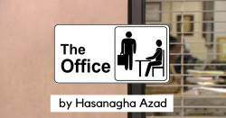 The Office serialından bir kadrın üzərində serialın logosu və by Hasanagha Azad yazısı